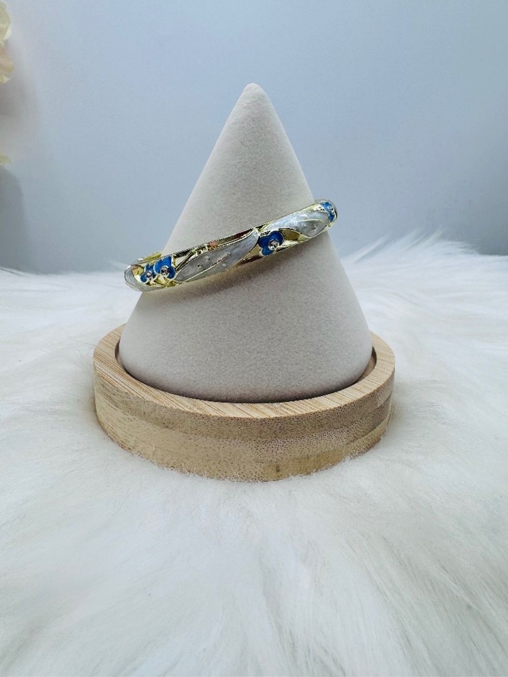 Gold Tone Blue Floral Enamel Bangle Bracelet